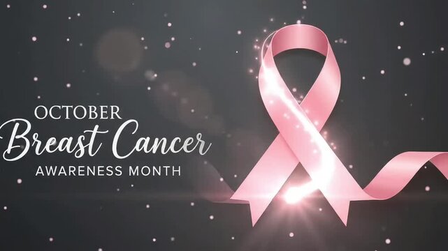 October Breast Cancer Awareness Month Banner with Glowing Pink Ribbon

