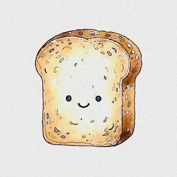 Cute watercolor cartoon toast slice with happy face illustration isolated