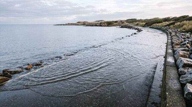Partially submerged coastal roadway beside shoreline protection, designed for engineering presentations, flood-risk studies, climate adaptation campaigns, and infrastructure planning.