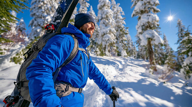 Rear view of a backcountry skier hiking through a pristine snow-covered forest with skis carried on a technical backpack, bold blue shell jacket, tall white pines coated in fresh snow, open alpine s