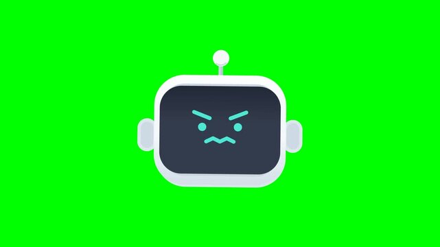 A cute white robot head with short antenna and taller proportional screen that lights up during smooth expression changes from smiling, angry, sad and dead on a green screen.