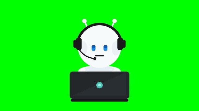 A white customer support robot with headset behind the laptop morphs its mouth naturally from flat to smile in the second half while the antenna signal lights glow during the smile on a green screen.