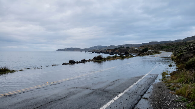 Submerged coastal road illustrating flood risk and sea level rise, suitable for climate resilience reports, infrastructure planning, environmental campaigns, and corporate communication.