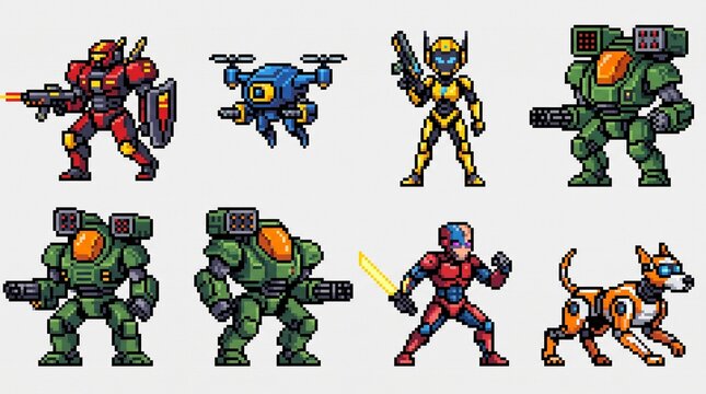 Pixel Art Robot Mech Character Set Retro 8 Bit Sci Fi Vector Icons