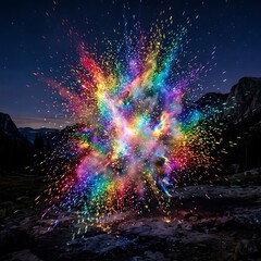 Obraz premium Colorful powder explosion with vibrant rainbow particles scattering against a dark mountain landscape under a twilight starry night sky