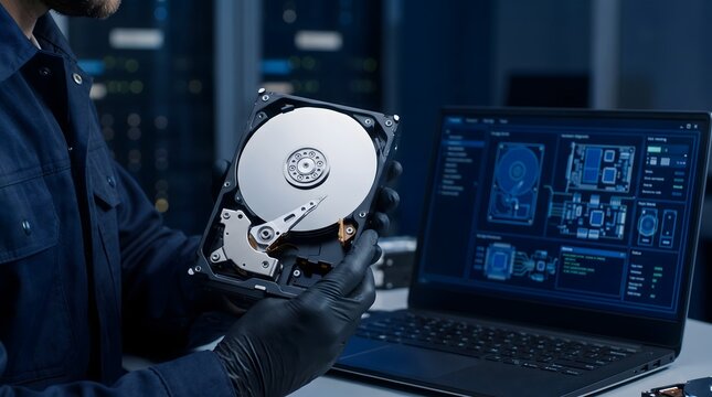 IT technician in black gloves holding an open hard drive with a laptop showing diagnostic data in a server room background close up
