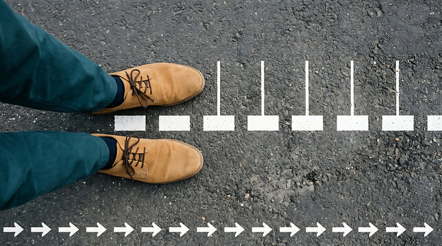 Person Standing at a Strategic Starting Line with White Markers and Directional Arrows on Asphalt