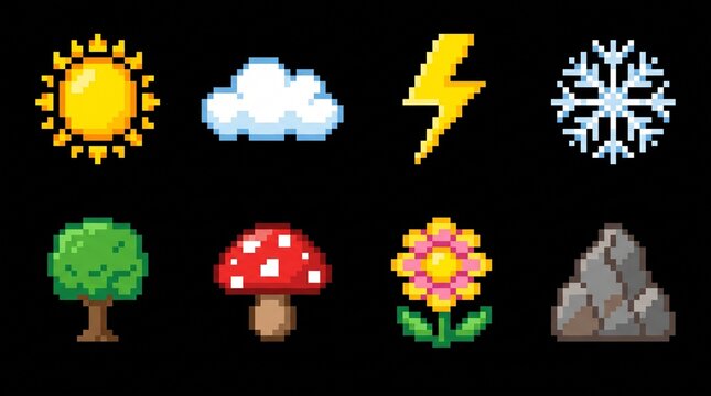 Pixel Art Weather Nature Element Set Retro 8 Bit Game Vector Icons