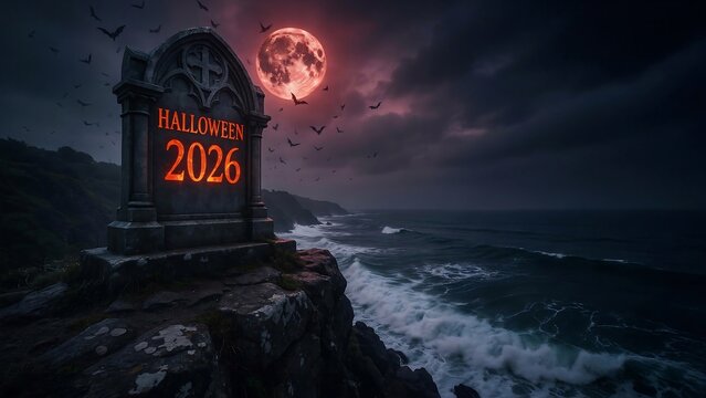 Happy Halloween 2026 tombstone on cliff overlooking stormy sea with red moon and bats flying creating dramatic spooky atmosphere for memorial holiday seaside scene.