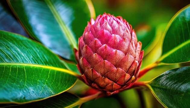 A close-up of a vibrant pink protea flower surrounded by large green leaves in natural light