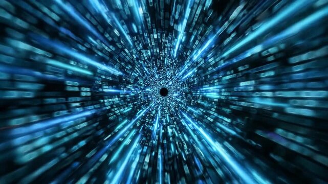 Digital data stream gif background with blue light speed tunnel