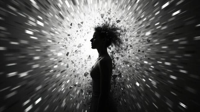 Imagen conceptual en blanco y negro de la silueta de una mujer atrapada entre fragmentos de vidrio en rotaci&oacute;n
