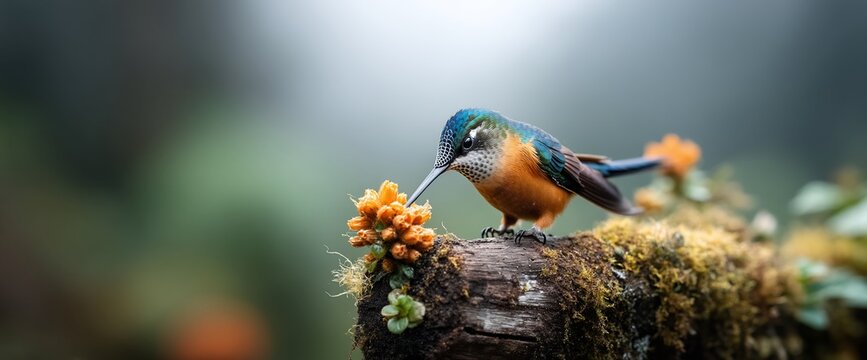 Small colorful hummingbird perched on mossy branch, feeding from orange flowers. Beautiful nature