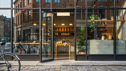 Fototapeta premium Modern urban storefront with glass entrance, warm lighting, outdoor seating, bicycles, and potted plants