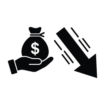 Money bag with dollar sign in hand falling down with arrow
