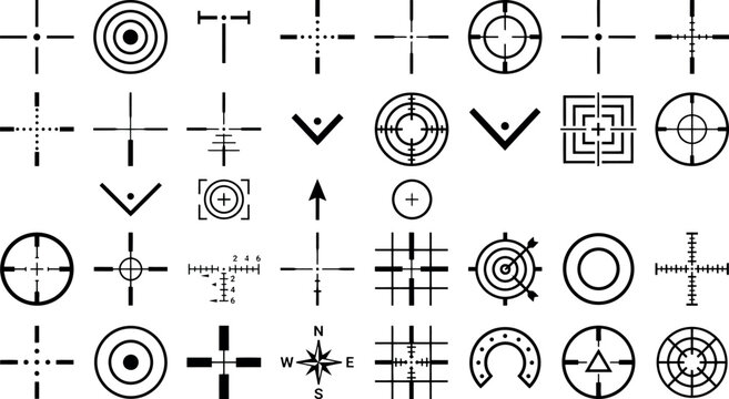 Military crosshair icons set, sniper aim reticle vector collection, tactical target sight symbols for gaming and hunting interfaces