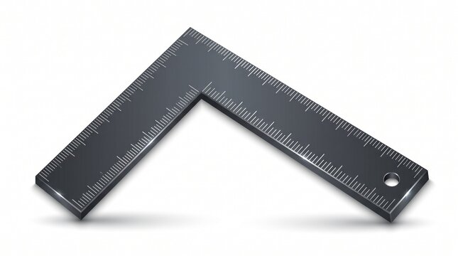 Black metal L-shaped try square ruler with white measurement markings, precision 90-degree angle measuring tool for carpentry and drafting, isolated on white background.