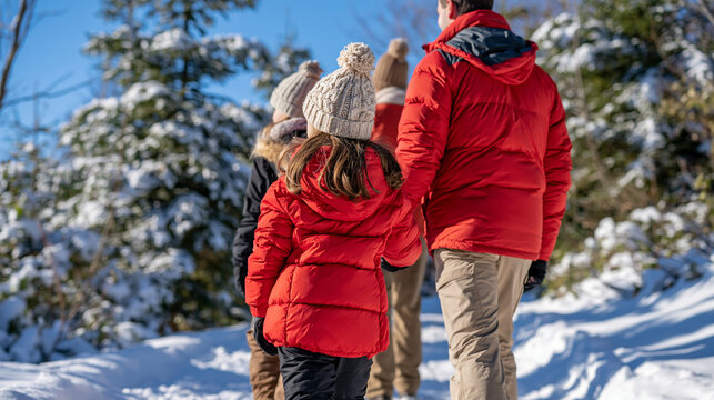 Bright snowy woodland viewed from behind, family members holding hands as they walk together along a pristine packed snow trail, colorful puffy winter jackets, knitted hats and scarves, heavily fros