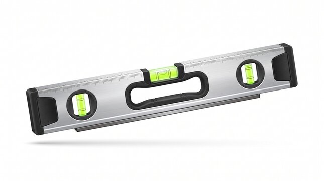 Aluminum spirit level with three green bubble vials, black rubber end caps and ergonomic hand grip, built-in ruler markings, precision construction tool for horizontal and vertical leveling, isolated 