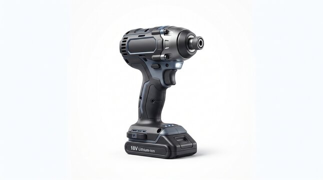 Cordless impact driver with dark gray and black housing, 18V Lithium-ion battery base, 1/4-inch hex chuck, ergonomic pistol grip with trigger, built-in LED work light, isolated on white background.