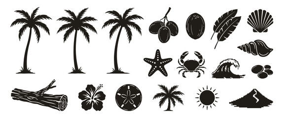 Fototapeta premium Tropical beach and island set including palm trees, coconuts, seashells, crab, and wave collection