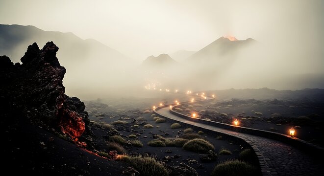 Illuminated stone path winding through a misty volcanic landscape at twilight