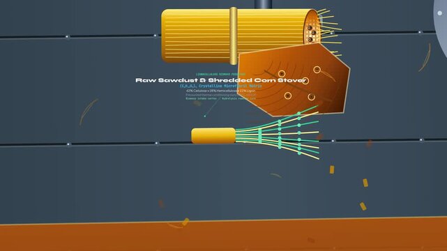 Scientific animation detailing the conversion of raw biomass like sawdust and corn stover into zero-carbon renewable transport fuel through cellulase hydrolysis and yeast inoculation processes