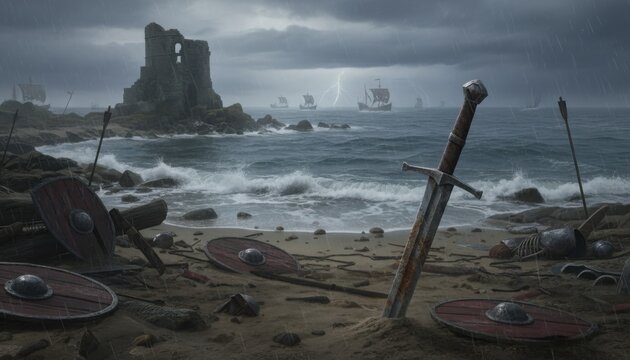 A dramatic stormy coastline strewn with abandoned shields weapons and a weathered sword near ancient ruins while distant ships