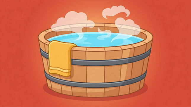 Wooden hot tub with steam illustration featuring a warm bath and a yellow towel on the side