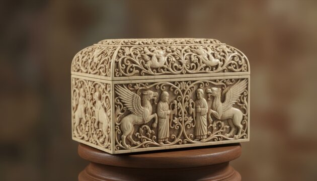 An intricately carved ivory box featuring mythical creatures and figures displayed on a wooden pedestal emphasizing detailed craftsmanship and cultural artistic heritage