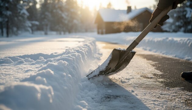 person shoveling fresh snow near cabin during winter morning capturing seasonal outdoor task