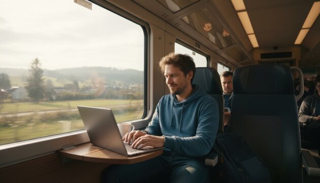 Man working on laptop in bright train interior symbolising mobile productivity travel and contemporary digital lifestyle