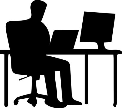 Person sitting at desk using computer workstation silhouette for office workspace.