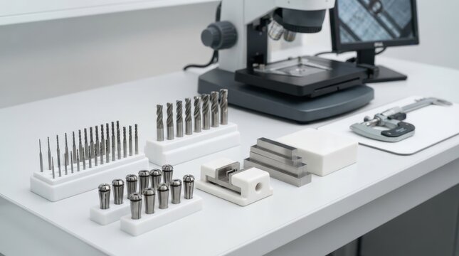 Precision machining tools including tungsten microdrills, carbide end mills, collets, ceramic vices and an optical microscope