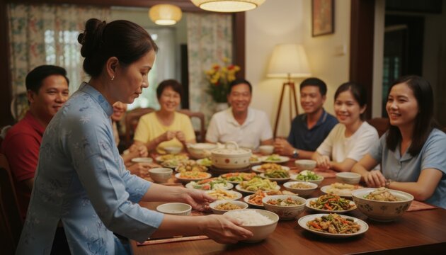 Vietnamese woman in traditional light blue Ao Dai serving a bowl of rice at a large wooden table with an abundance of traditional dishes for a multigenerational family gathering or holiday meal
