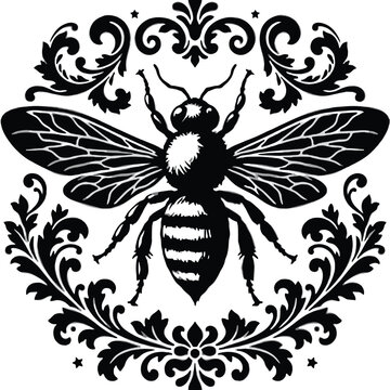 Black and white vintage of a honey bee surrounded by ornate floral flourishes and stars insect animal