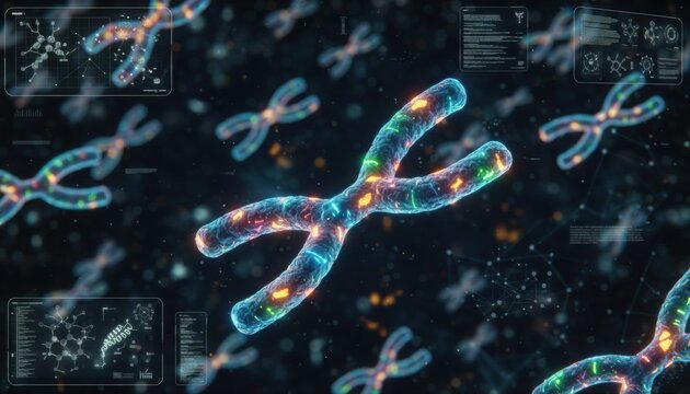 Multiple glowing, colorful X-shaped chromosomes float in a dark background surrounded by futuristic data and molecular structure displays
