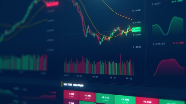 Trading terminal interface with a cryptocurrency candlestick charts, market board quotes and heatmap panels. Close up of a crypto and stock exchange dashboard with green and red price data