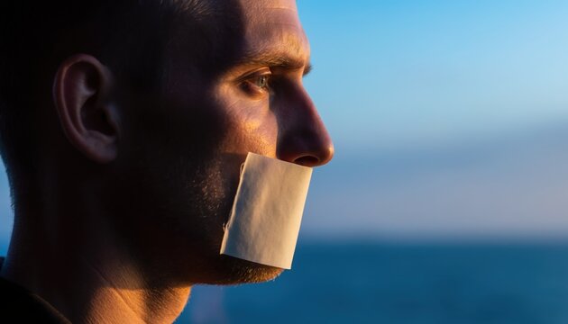 Close up profile of man with his mouth covered by piece of light colored tape against blurred blue background at sunset time