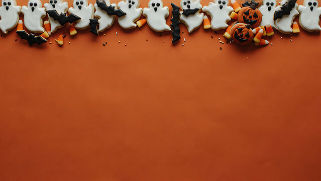 Spooky Halloween ghost and bat sugar cookies lined up along the top border on an orange background created with generative AI.
