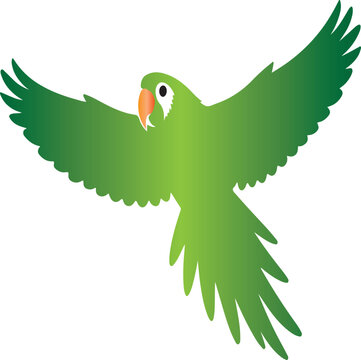 A modern Flying  parrot featuring a green-gradient body, a black eye, and a brown beak vector art illustration
