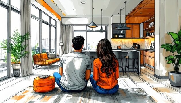 Man and woman sit together on floor of stylish modern living room with orange accents and architectural sketch style details