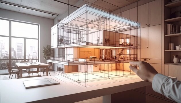 Architect hand gestures toward a floating wireframe architectural model of a multi level house in a modern studio space
