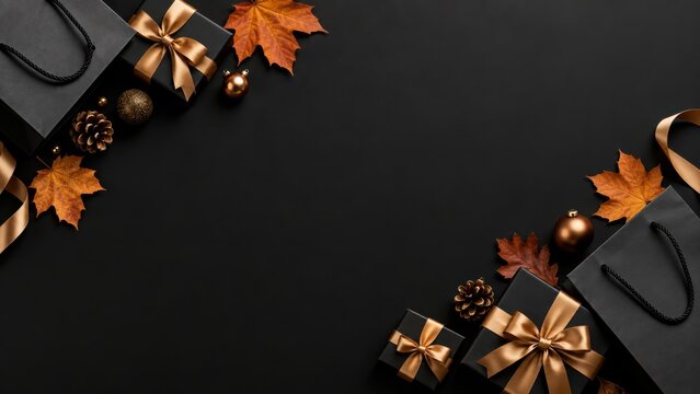黒とゴールドのギフトと紅葉を配置したブラックフライデーのフラットレイ背景