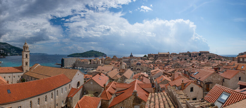 View of famous red terracotta rooftops and historic buildings in Old Town Dubrovnik on the Adriatic coast of Croatia