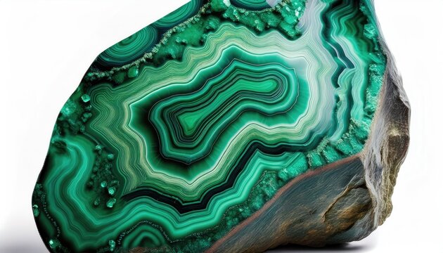 Close-up of malachite gemstone with vivid green concentric patterns.
