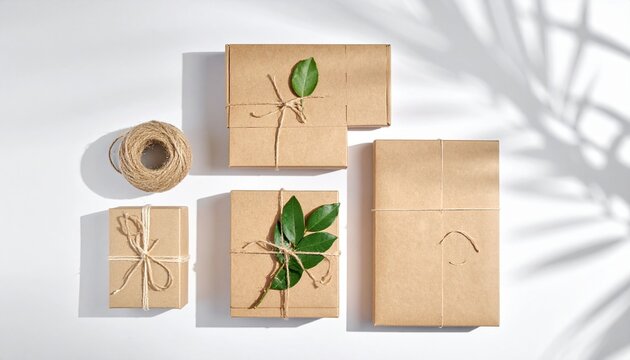 Eco-friendly gift wrapping accessories with brown paper parcels kraft paper sustainable gift twine ribbon green leaves
