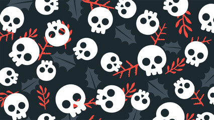 Fototapeta premium Autumn leaves with skull on red background.