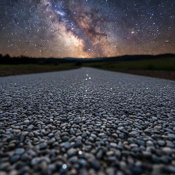Empty asphalt road stretches toward a vibrant glowing starry night sky