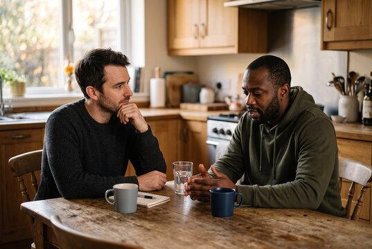 Two men sit at a wooden kitchen table in a home. One man listens while the other speaks. They both have coffee mugs and a glass of water. Natural light comes through the window